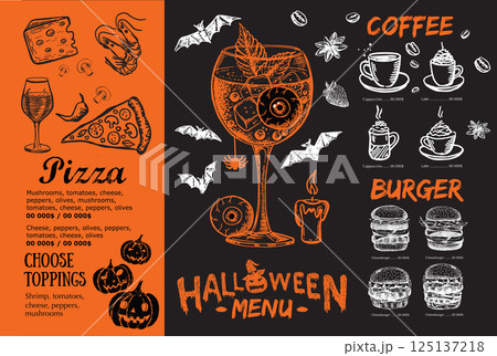 Halloween menu on black background, hand drawn illustrations.	 125137218