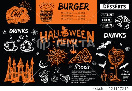 Halloween menu on black background, hand drawn illustrations. Halloween menu on black background, hand drawn illustrations. 125137219