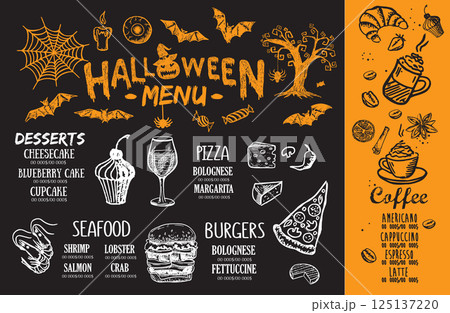 Halloween menu on black background, hand drawn illustrations.	 125137220