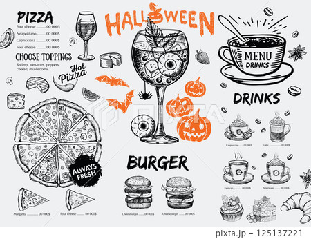Halloween menu on black background, hand drawn illustrations.	 125137221