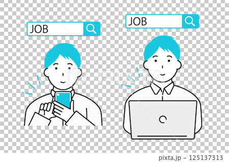 一位年輕男子使用智慧型手機或電腦尋找工作的圖片 125137313