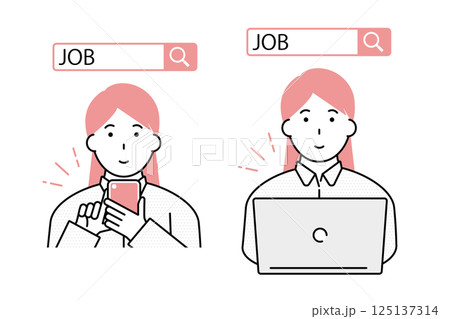 スマホやパソコンで仕事を探す若い女性のイラスト 125137314