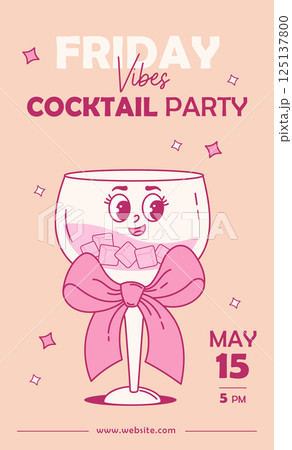 Vintage Groovy Glass Cocktail Character with Coquette Pink Bow. Romantic Aesthetic Drink. Trendy retro party invitation poster flyer with alcoholic or nonalcoholic beverage. Vector illustration 125137800