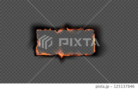 Illustration of Realistic rectangular frame made of burnt paper with flame and charred edges. 125137846