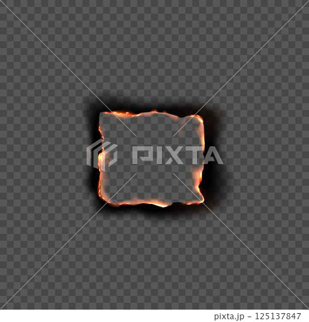 Vector square empty burnt paper frame with realistic flames and charred edges. Vector square empty burnt paper frame with realistic flames and charred edges. 125137847