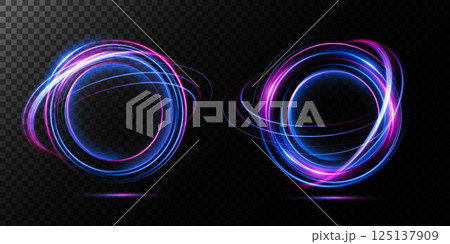 Dynamic and Colorful Neon Light Swirls Displayed on a Transparent Background Setting 125137909
