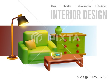 3D interior design. Vector website banner with armchair, lamp, chest of drawers, table. 125137926