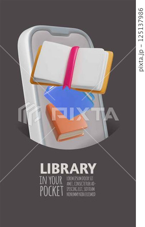 Online book store, library in your pocket 3D vector poster, electronic books, literature, dictionaries in smartphone 125137986