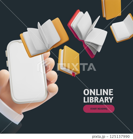 3D poster vector with hand holding smartphone with blank screen from which books fly out. 3D poster vector with hand holding smartphone with blank screen from which books fly out. 125137990
