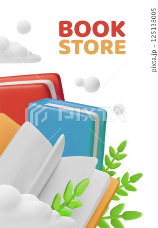 Book store 3D style vector poster design, colorful books, literature with leaves and clouds, library and education shop 125138005