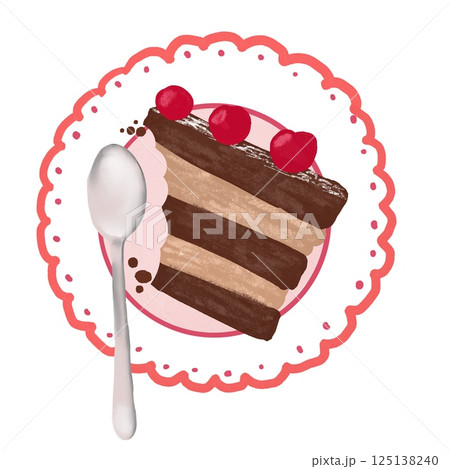 Hand drawn illustration of chocolate cake with berries on plate with spoon. Sweet tasty bakery delicious baking food, homemade pastry yummy frosting dessert, kitchen eat pie. 125138240