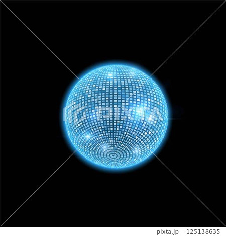 Disco ball. Vector of shiny round mirror ball in blue neon color on black isolated background. 125138635