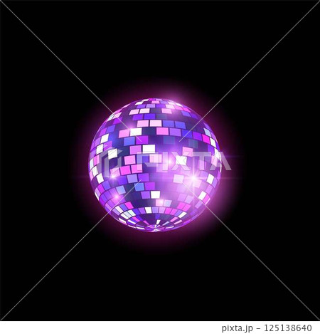 Glowing purple disco ball, vector shiny hanging mirror sphere, retro disco party, music dance club festive decoration Glowing purple disco ball, vector shiny hanging mirror sphere, retro disco party, music dance club festive decoration 125138640