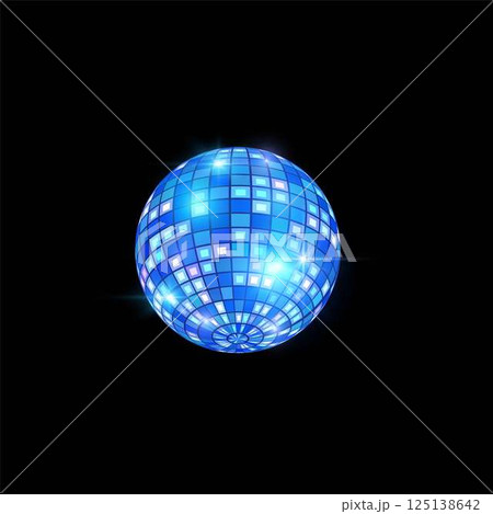 Glowing blue disco ball vector icon, shiny hanging mirror sphere, retro symbol music dance club festive party decoration 125138642