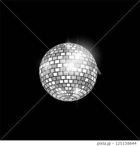 Glowing silver disco ball, vector shiny hanging mirror sphere, retro symbol music dance club festive party decoration 125138644