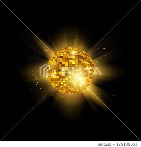 Vector illustration of golden disco ball on the background of bright rays and glowing particles. Vector illustration of golden disco ball on the background of bright rays and glowing particles. 125138653