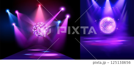 Glowing purple disco ball with spotlights, shiny hanging mirror sphere with illumination, disco party stage vector set 125138656