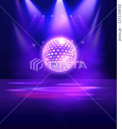 Bright mirror disco ball under spotlights, in neon purple. Bright mirror disco ball under spotlights, in neon purple. 125138658