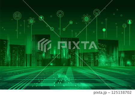 Abstract background of global smart city technologies, neon green color. 125138702