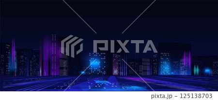 Futuristic digital neon cityscape, vector game hi-tech background, skyscrapers with holographic glow, virtual reality Futuristic digital neon cityscape, vector game hi-tech background, skyscrapers with holographic glow, virtual reality 125138703