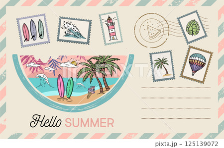Postcard, mail, Hello summer, hand drawn.	 125139072