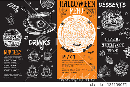 Halloween menu on black background, hand drawn illustrations.	 125139075