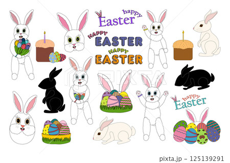 Set of Easter Bunnies, Eggs and Holiday Icons on White Background Set of Easter Bunnies, Eggs and Holiday Icons on White Background 125139291