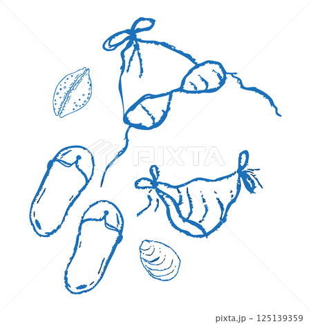 Summer seashore sea tourism, rest sketch drawing. Swimsuit straw hat with ribbon seashell, Line hand drawn beach party elements. Vacation doodle tropical print. Summer seashore sea tourism, rest sketch drawing. Swimsuit straw hat with ribbon seashell, Line hand drawn beach party elements. Vacation doodle tropical print. 125139359