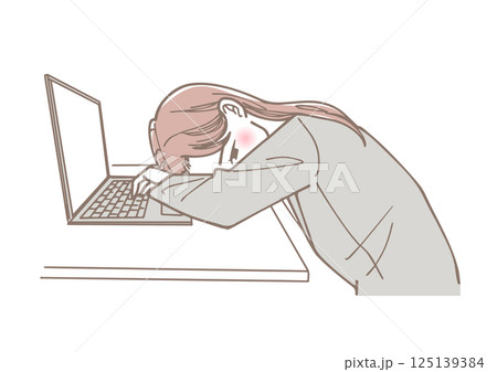 机に突っ伏してだるそうにしている女性のイラスト 125139384