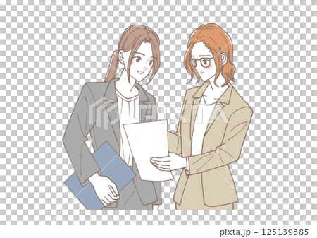 一群年輕女性正在查看文件並討論 125139385