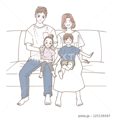 ソファに座っている四人の家族のイラスト ソファに座っている四人の家族のイラスト 125139387
