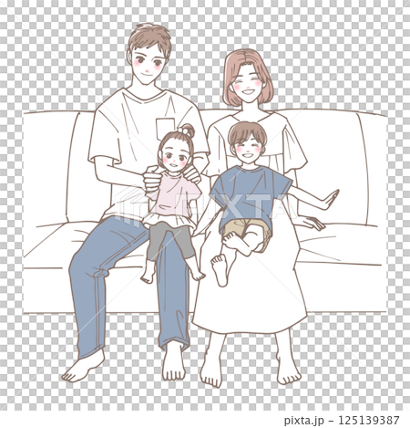 Illustration of a family of four sitting on a sofa Illustration of a family of four sitting on a sofa 125139387