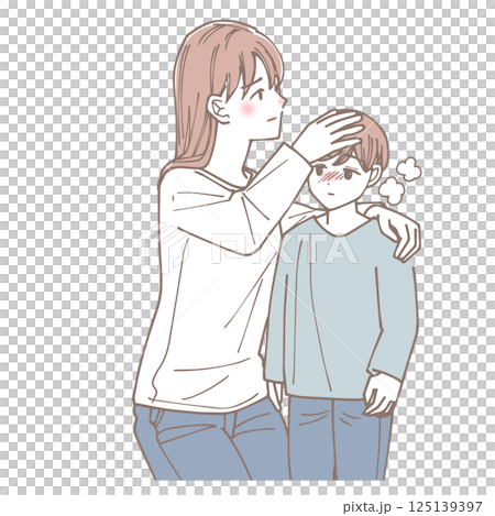 Illustration of a mother taking her son's temperature Illustration of a mother taking her son's temperature 125139397
