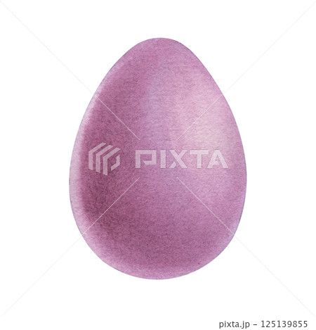 A pink colored chicken egg. Hand drawn watercolor illustration of colored decorative element for Easter holiday on isolated background. Perfect for greeting cards, covers, posters and invitations. 125139855