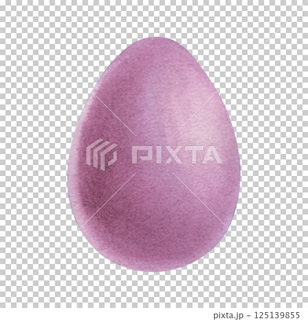 A pink colored chicken egg. Hand drawn watercolor illustration of colored decorative element for Easter holiday on isolated background. Perfect for greeting cards, covers, posters and invitations. 125139855