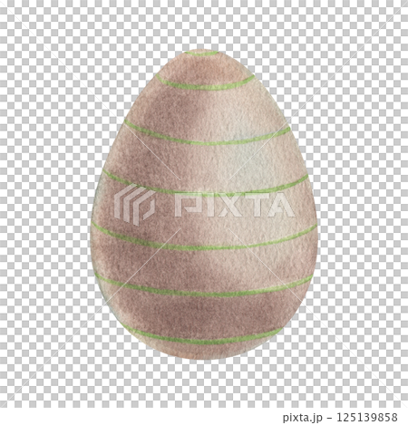 Chicken egg with green stripes for Easter. Hand drawn watercolor illustration of colored decorative element for spring holiday on isolated background. Perfect for greeting cards, posters, invitations. Chicken egg with green stripes for Easter. Hand drawn watercolor illustration of colored decorative element for spring holiday on isolated background. Perfect for greeting cards, posters, invitations. 125139858