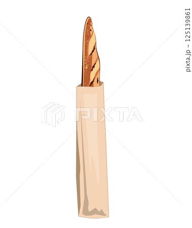 Long crusty and craft baguette in a paper bag. Tasty loaf bread isolated vector illustration. 125139861