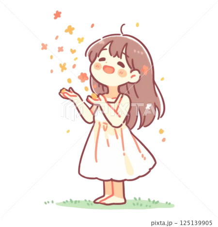 デフォルメ、花びらを手から放つ少女のイラスト、アイコン、素材、背景なし デフォルメ、花びらを手から放つ少女のイラスト、アイコン、素材、背景なし 125139905