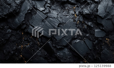 A textured surface featuring dark, rough rocks with varying shades of black and gray 125139988