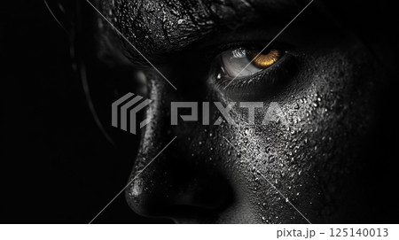 A close-up of a person's face, highlighted by dramatic lighting 125140013