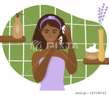 African-American girl in the bathroom applies hair care. On the shelves cosmetics and cream in jars and tubes, a beautiful flower for mood. Vector illustration of morning self-care. African-American girl in the bathroom applies hair care. On the shelves cosmetics and cream in jars and tubes, a beautiful flower for mood. Vector illustration of morning self-care. 125140122