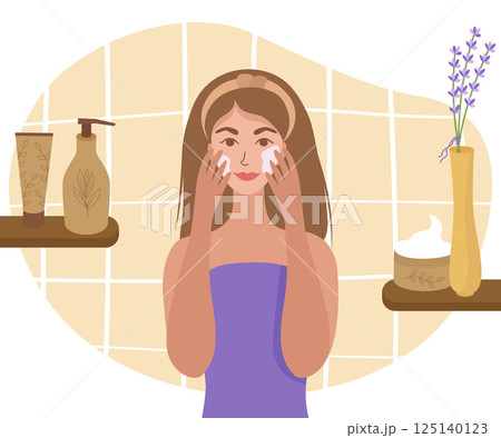 Girl in the bathroom puts cream on her face. On the shelves cosmetics in jars and tubes, a beautiful flower for mood. Vector illustration of morning self-care. 125140123