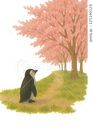 初めて桜を見るペンギン 125140129