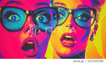 pop art retro style of Vibrant shocked expressions with colorful glasses 125140306