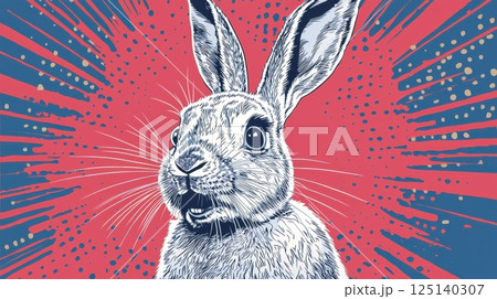 pop art retro style of Whimsical rabbit illustration with vibrant background 125140307