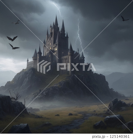 ファンタジー世界の不気味な城 125140361