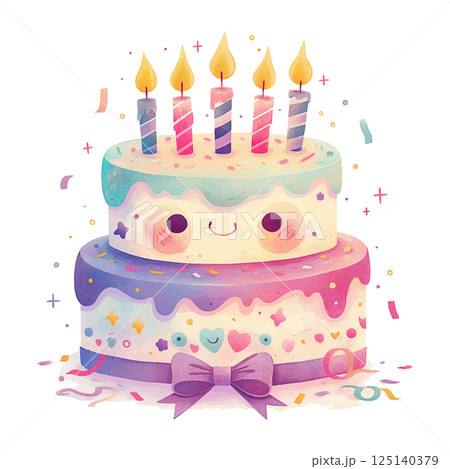 Delightful colorful birthday cake with candles and festive decorations celebrating a joyful occasion 125140379