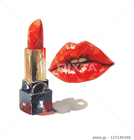 Vibrant red lipstick next to luscious red lips with a glossy finish showcasing beauty and elegance for a makeup look 125140380