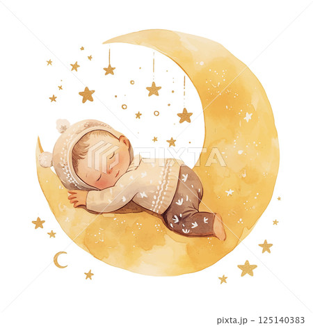 Baby peacefully sleeping on a crescent moon with glowing stars and a serene backdrop at night Baby peacefully sleeping on a crescent moon with glowing stars and a serene backdrop at night 125140383