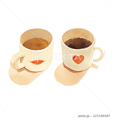 Two creatively designed cups with artistic patterns next to each other on a table in a cozy setting 125140387